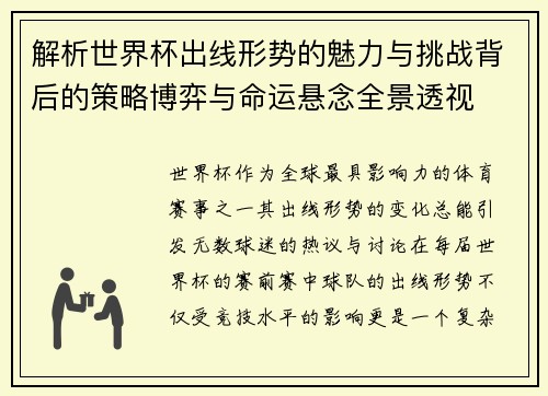 解析世界杯出线形势的魅力与挑战背后的策略博弈与命运悬念全景透视